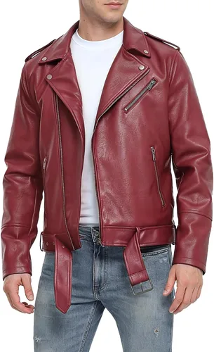 Vista 8 de Fahsyee - Chaquetas de cuero para hombre, chaqueta bomber de piel sintética con solapa de motociclista, cierre asimétrico de cremallera, cinturón
