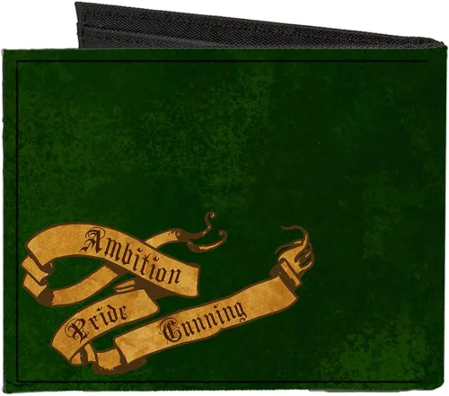 Vista 2 de Lienzo bi-Fold billetera SLYTHERIN Serpent Crest + AMBITION PRIDE CUNNING Banner Greens Golds