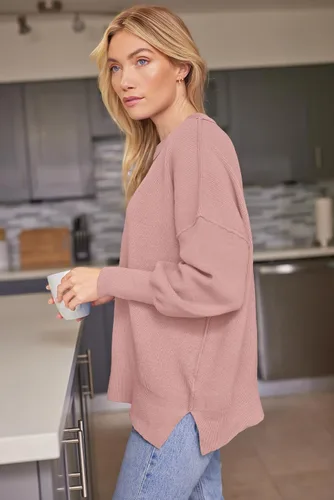 Vista 45 de Lillusory - Suéter extragrande con mangas de murciélago y cuello redondo para mujer, prenda moderna de otoño de tejido de punto sin botones