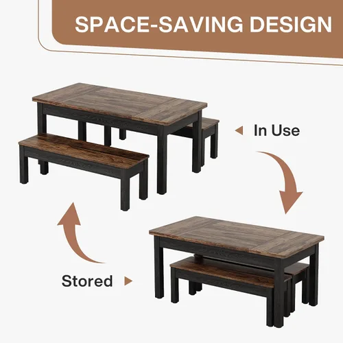 Vista 3 de Tribesigns Juego de Mesa de Cocina de Granja para 4-6, Mesa de Comedor de Madera de 55 Pulgadas con 2 Bancos, Juego de Comedor de 3 Piezas