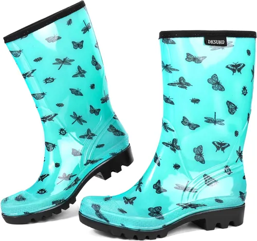 Vista 17 de DKSUKO Waterproof Womens Rain Boots insulated,Lightweight Rubber fashion Boots in Gardening,Warm and Comfortable Wide Calf Rain Boots with Glossy in