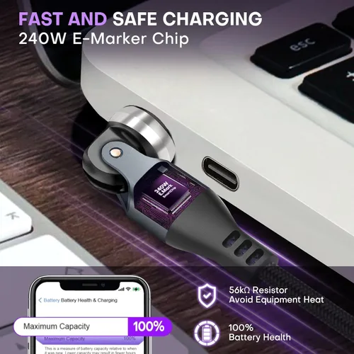 Vista 3 de Cable USB C a C de 3.3 ft, negro, rotación 540, 240 W, PD, carga rápida, transferencia de datos de 480 Mbps, cable de carga tipo C con chip