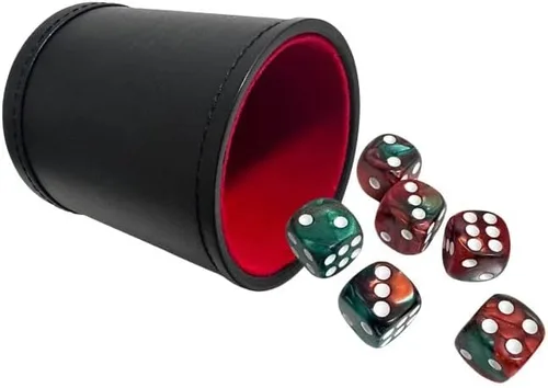 Vista 7 de Juego de dados de cuero sintético, coctelera de dados de fieltro para Yahtzee/Farkle/Bar Party Dados, incluye dados de punto de 0.630 in