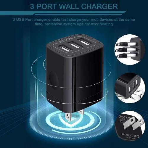 Vista 2 de AILKIN Cargador de pared USB de 3 unidades, adaptador de carga triple, bloque de carga rápida, cargador para el hogar, enchufe de cubo para iPhone