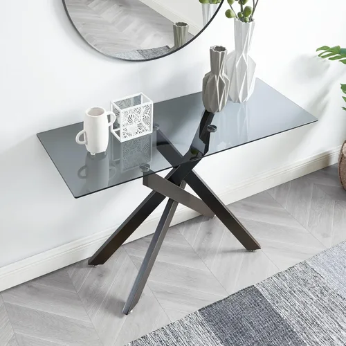 Vista 3 de Edwin's Choice Mesa consola de vidrio negro estrecha con parte superior de vidrio templado gris y patas tubulares de metal negro con borde dorado