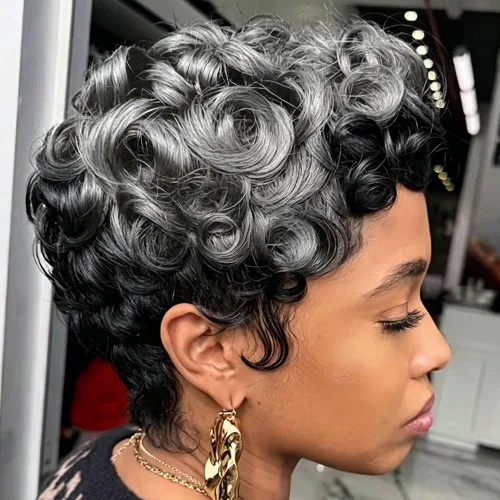 Vista 11 de DOcute Peluca gris para personas negras, corte pixie con flequillo, peluca rizada corta para mujeres negras, peluca rizada esponjosa para mujeres