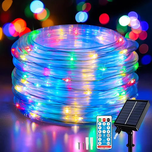 Vista 12 de ANJAYLIA Cuerda de luces solares de 33 pies con 100 luces LED para exteriores, impermeable, funciona con energía solar con 8 modos para exteriores