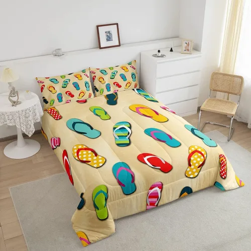 Vista 3 de Erosebridal Juego de ropa de cama con temática costera de playa, juego de edredón con patrón de chanclas, relleno de edredón de verano oceánico