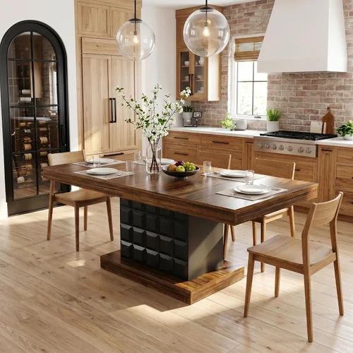 Vista 4 de Tribesigns Mesa de comedor de 63 pulgadas para 4-6, mesa rectangular de madera de granja con relieve geométrico, base de pedestal (café y negro)