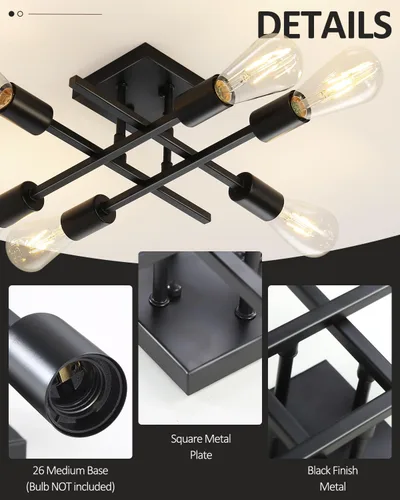 Vista 2 de Lámpara de techo semiempotrada de 6 luces, moderna lámpara Sputnik negra, lámpara de techo de granja E26, lámpara de techo para cocina, dormitorio
