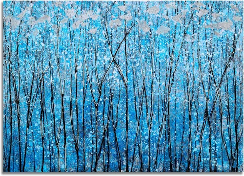 Vista 2 de SYGALLERIER Lienzo abstracto de árbol con pinturas texturizadas pintadas a mano en negro y azul con lámina plateada, imágenes modernas del bosque