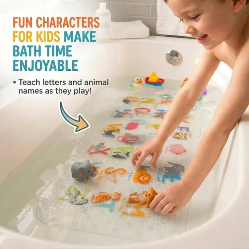 Vista 3 de BEEHOMEE Tapete antideslizante para bañera de dibujos animados para niños, 34 x 15 pulgadas, tamaño XL, tapete de ducha antideslizante para niños