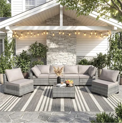 Vista 16 de ANJ Juego de muebles de mimbre para patio de 3 piezas, sofá modular de dos plazas con mesa de centro de cristal, juego de sofá de conversación