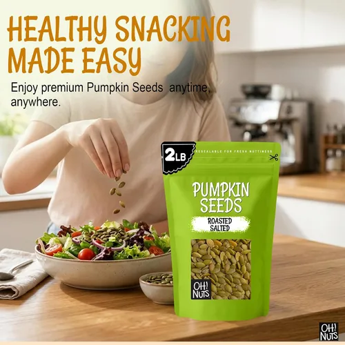 Vista 4 de Semillas de calabaza asadas saladas, pepitas ideales para un refrigerio saludable o para ensaladas, sin cáscara, de Oh! Roasted salted pumpkin