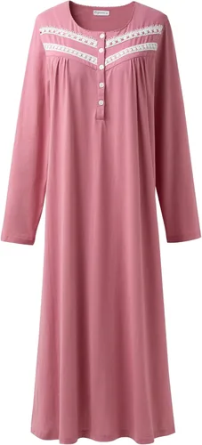 Vista 9 de Keyocean Camisones para mujer, de algodón suave, cómodo, ligero, de manga larga, vestidos de noche para mujer Azul