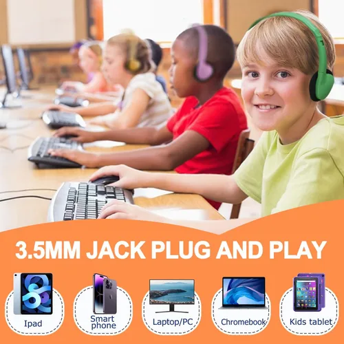 Vista 7 de Paquete de 10 auriculares para niños a granel para el aula escolar, auriculares multicolor con cable para estudiantes, auriculares ajustables