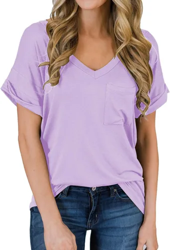 Vista 37 de Miholl Camiseta holgada, informal, de manga corta, con cuello en V, para mujer Blanco (02 White)