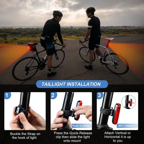 Vista 6 de Luz trasera para bicicleta, 5 LED, luz trasera recargable, luz trasera de bicicleta, intermitentes de seguridad parpadeantes, 4 modos (juego A)