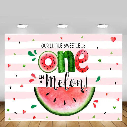 Vista 5 de MEHOFOND Fondo de verano de 7 x 5 pies con texto en inglés "Sweetie One in A Melon", para fiesta de primer cumpleaños, suministros para fiesta