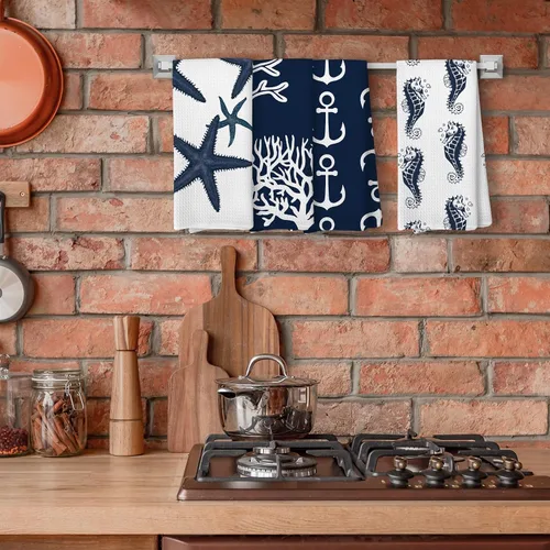 Vista 4 de Toallas de mano náuticas de animales oceánicos para baño, playa y cocina - Juego de 4 paños de cocina azul marino costero de 16 x 24 pulgadas