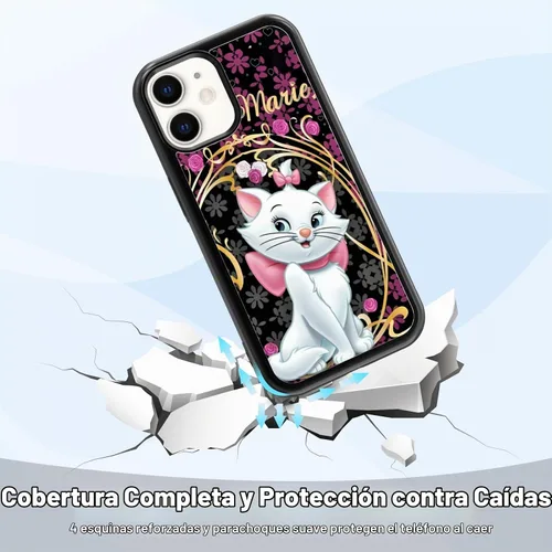 Vista 3 de Elegante funda de teléfono con diseño de gato Marie compatible con iPhone 11, funda de encaje dorado para iPhone, a prueba de golpes, rosa fucsia