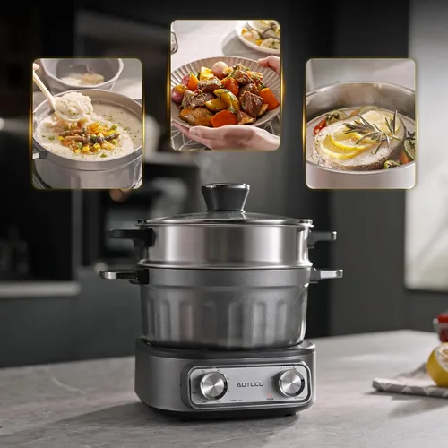 Vista 7 de N74SNA - Juego de vaporizador de parrilla eléctrica multicocción de 2.5 cuartos de galón, antiadherente, sin PFOA, para carne, sopa, arroz frito