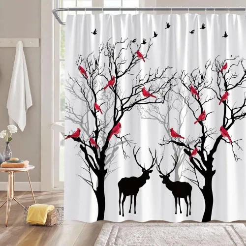 Vista 2 de Cortina de ducha pequeña, árbol, pájaro, ciervo, bosque, cabaña de árbol, vida silvestre, naturaleza, escénico, rústico, invierno, vacaciones