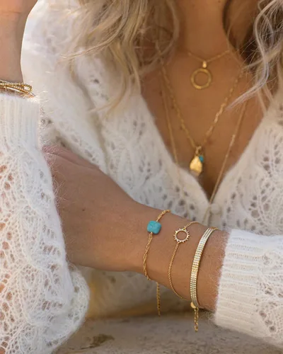 Vista 3 de Pulsera de cadena de oro de 18 quilates con perlas diminutas de la suerte de ojo turco turquesa conjuntos de pulseras de eslabones minimalistas