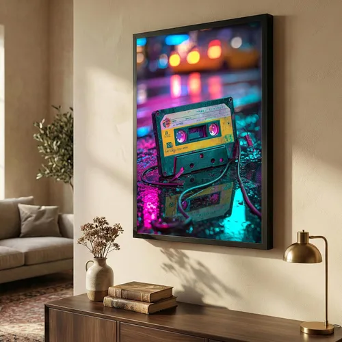 Vista 2 de Cinta de casete de audio retro y arte en lienzo de Walkman, fotografía de neón de la nostalgia musical de los años 80, decoración de pared