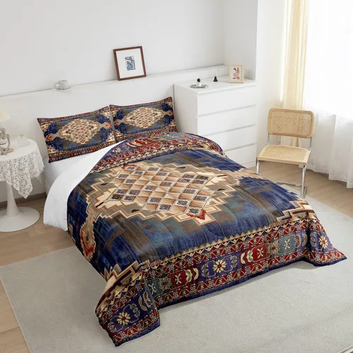 Vista 4 de Erosebridal Juego de edredón bohemio individual, juego de ropa de cama exótica bohemio, retro, azul, amarillo, degradado, rojo, floral, bohemio