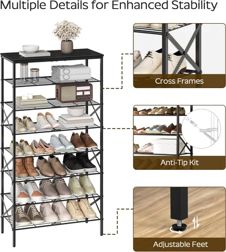 Vista 5 de YATINEY Zapatero de 8 niveles, organizador de almacenamiento de zapatos de gran capacidad que sostiene 32 pares, resistente y estable, para entrada
