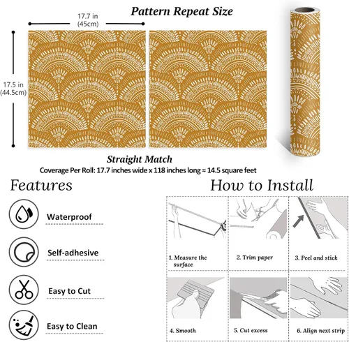 Vista 8 de VEELIKE Papel tapiz geométrico amarillo mostaza para despegar y pegar, papel tapiz geométrico bohemio, extraíble, de 17.7 x 118 pulgadas, apto