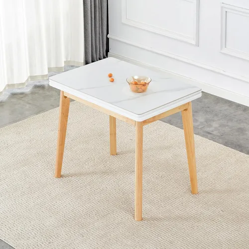 Vista 3 de Mesa de piedra sinterizada blanca con patas de madera de goma, escritorio plegable para computadora, escritorio de oficina plegable, adecuado