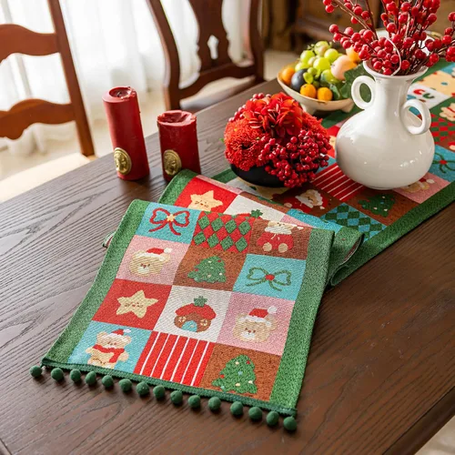 Vista 3 de Camino de mesa navideño con borlas de pompones, decoración de mesa de mezcla de lino y algodón para mesa de comedor, tocador, chimenea