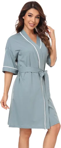Vista 61 de COLORFULLEAF Bata de baño de manga corta para mujer, 100% algodón, longitud hasta la rodilla, con bolsillos
