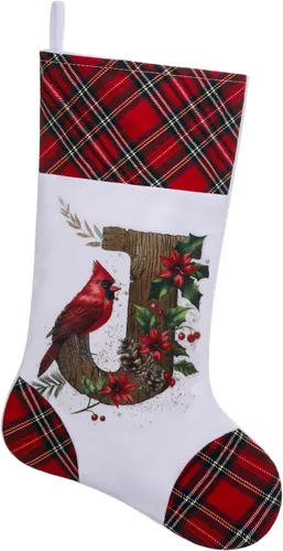 Vista 13 de Medias de Navidad personalizadas de 20 pulgadas, diseño cardenal, medias con monograma inicial para decoración colgante de chimenea, familia, letra A