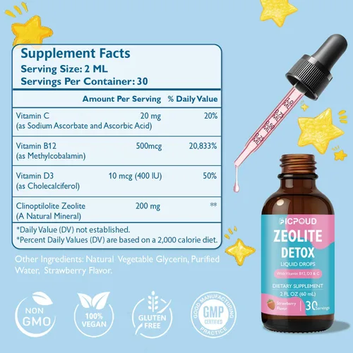 Vista 4 de Zeolite Detox para niños y adultos – Gotas líquidas de zeolita de clinoptilolita pura con vitamina B12, C y D3 – Limpieza diaria suave