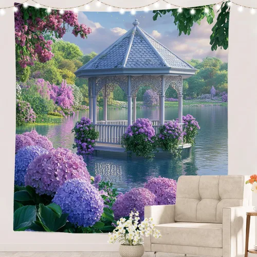 Vista 69 de Batmerry Peaceful Retreat Beautiful Landscape Polyester Tapestry, Blooming Garden Setting Lightweight Wall Hanging High-Definition Print Backdrop