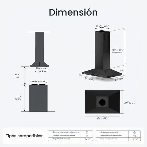 Vista 8 de Campana extractora para isla de 30 pulgadas, campana de cocina de 390 CFM con control táctil/gestual de doble cara, campana extractora de techo