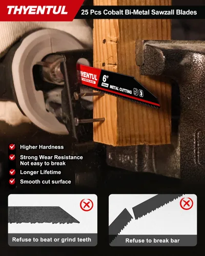 Vista 5 de Paquete de 25, 15 cm, 14/18 TPI, Hojas de sierra Sawzall de desmontaje automático de cobalto bi-metal para metal, Hojas de sierra alternante de 15
