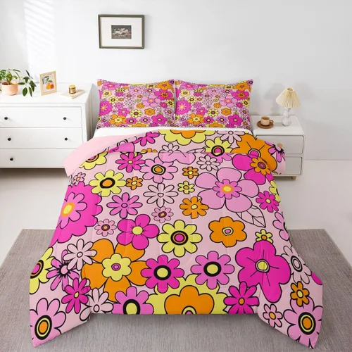 Vista 27 de Juego de ropa de cama con estampado floral bohemio, tamaño individual, diseño retro de flores groovy, 60S y 70S, juego de edredón de flores hippie