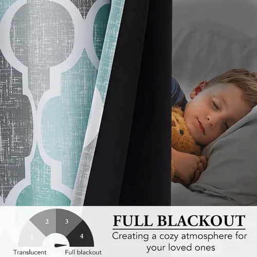Vista 5 de Beauoop Cortinas 100% Opacas de 45 Pulgadas de Largo, 2 Paneles para Dormitorio, Sala de Estar, Gris Aqua Marroquí Geométrico, Oscurecimiento