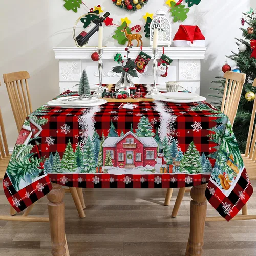 Vista 5 de Mantel cuadrado de Navidad 52x52 pulgadas - Rojo camión de Navidad, decoración de fiesta para el hogar - Mantel rectangular de Navidad a cuadros
