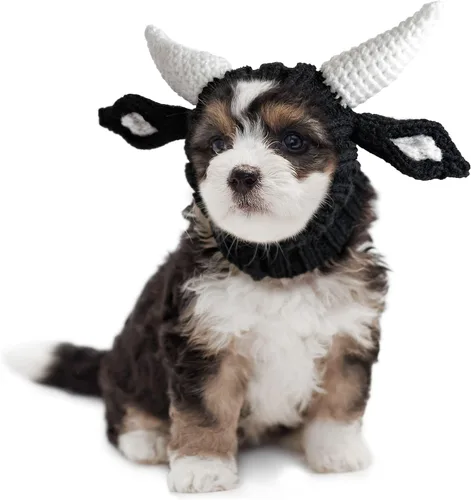Vista 11 de Zoo Snoods - Disfraz de vaca para perro, disfraz de toro para perros (talla M) Soft knit snood ear warmer with hand-crocheted cow horns and ears