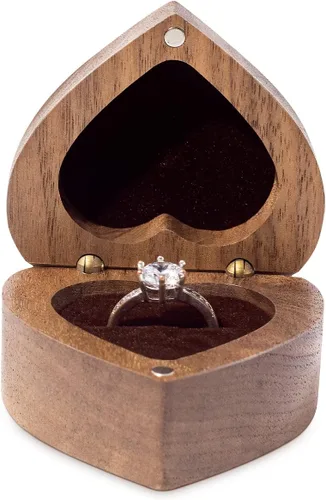 Vista 7 de Wislist Caja para anillo de compromiso de madera con forma de corazón grabado para propuesta de boda