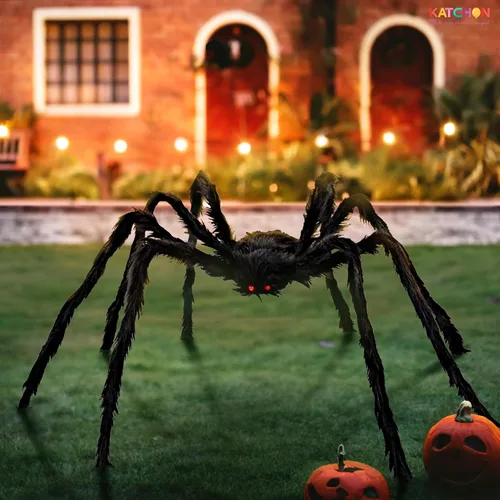 Vista 6 de KatchOn, Araña gigante peluda negra de Halloween, 6.5 pies, araña falsa plegable para decoración de Halloween al aire libre Decoración de verano
