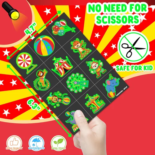 Vista 6 de 96 tatuajes temporales que brillan en la oscuridad para niños - Payaso de circo de carnaval Animal Popcorn Fake Tattoos Luminous Waterproof