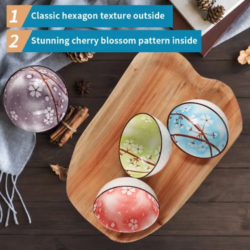 Vista 4 de Sakura Bowl - Tazones de cerámica de 10 onzas, juego de regalo de cuencos de colores surtidos para arroz, cereales, fideos, sopa, postres, paquete