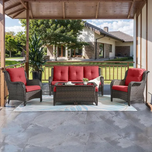 Vista 62 de HUMMUH Juego de 2 sillas de mimbre para patio, sillas de comedor de ratán de polietileno para exteriores, con cojines de asiento de 4 pulgadas