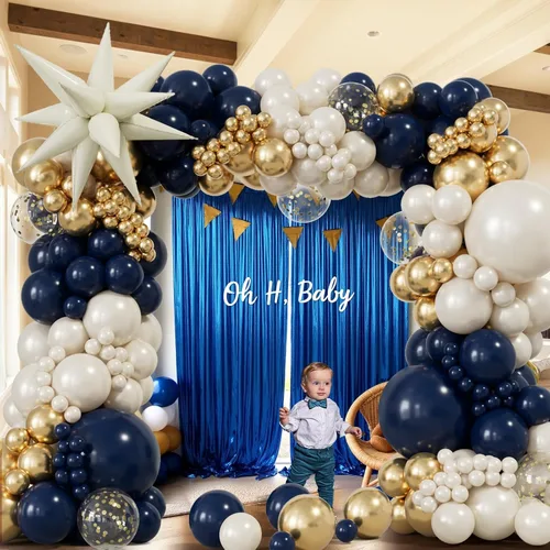 Vista 6 de Kit de arco Graland de globos azul marino y dorado, doble relleno, blanco perla, azul rey, dorado champán, con confeti, globos de estrella explosiva
